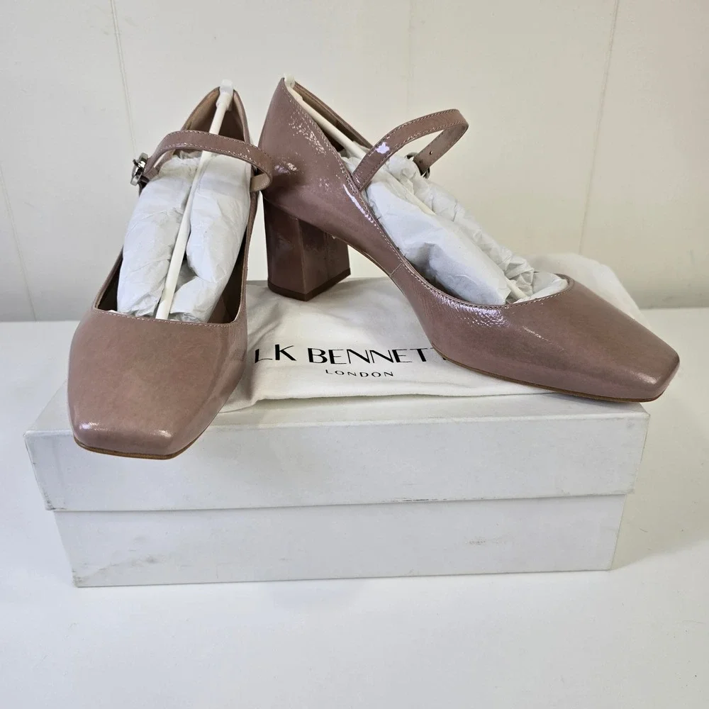 LK Bennett Patent Mary Jane Block Heel Shoes Women Size 9 US‎ 40 EU Taupe